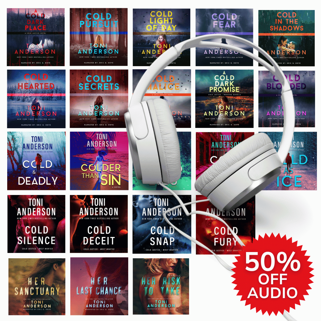Book covers with headphones and a 50% off sticker
