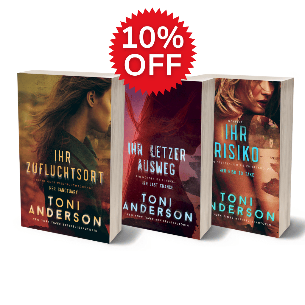 Three books by Toni Anderson with a 10% off discount label on a white background
