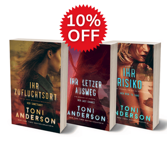 Three books by Toni Anderson with a 10% off discount label on a white background