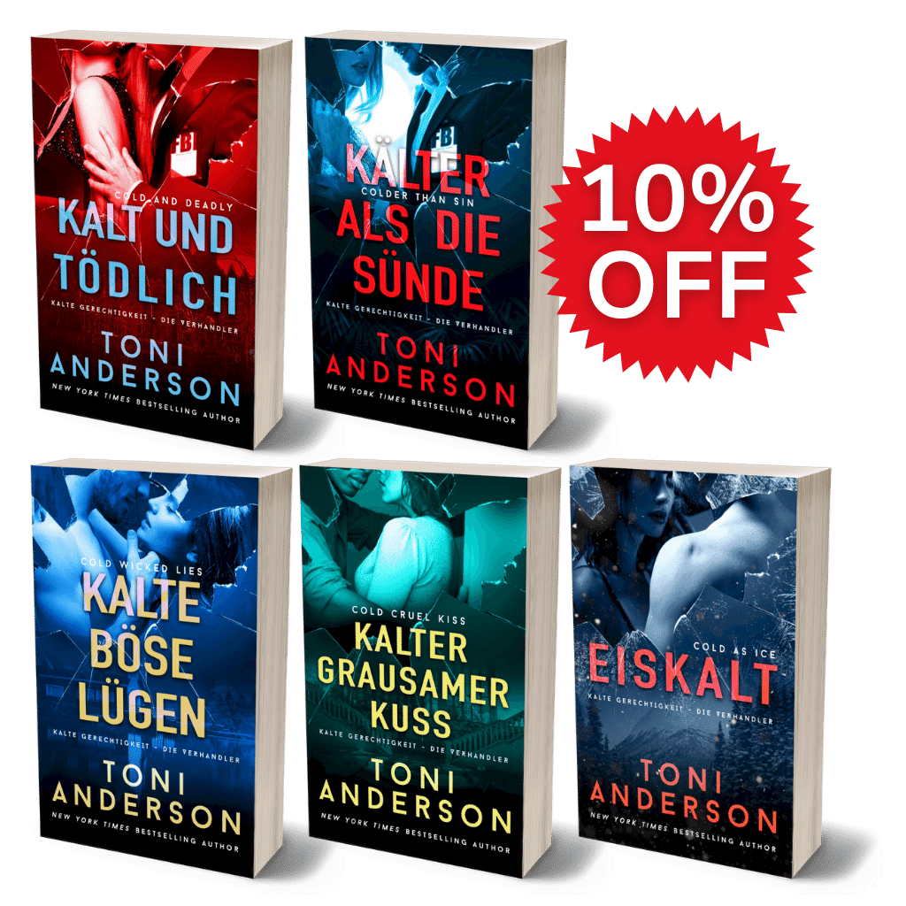 Collection of Toni Anderson's books with promotional text on a transparent background